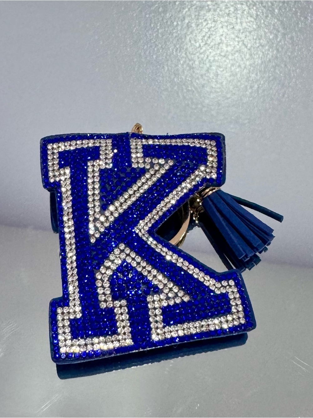 New Crystal-Embellished Blue 'K' Keychain Bag Charm w/ Tassel